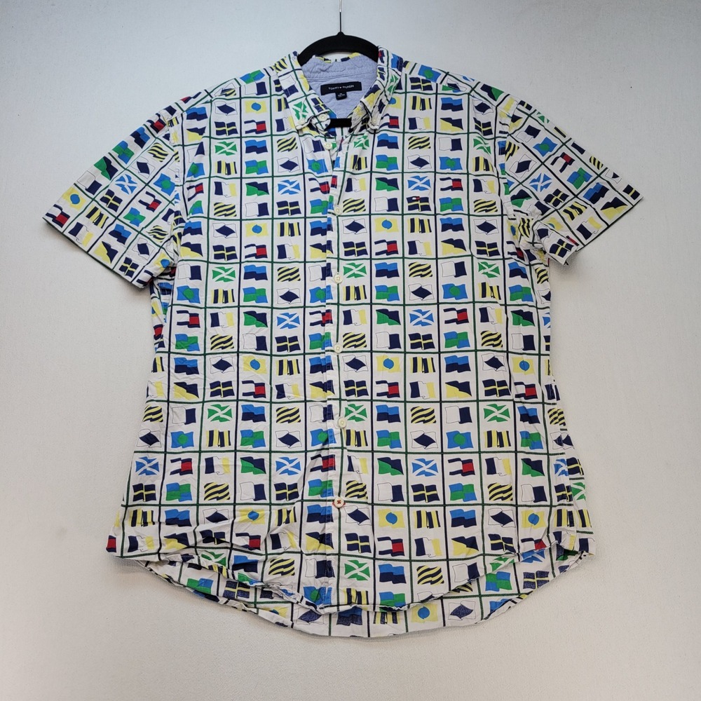 Tommy Hilfiger Button Down Mens XL White Nautical Signal Flag Short Sleeve Shirt